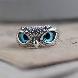 Retro 925 Sterling Silver Night Owl Head Ring with Blue Eyes for Men Women Open Adjustable