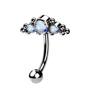 pierced owl 16ga g23 implant grade titanium threadless cz crystal and ball clusters eyebrow curved barbell (aurora borealis)