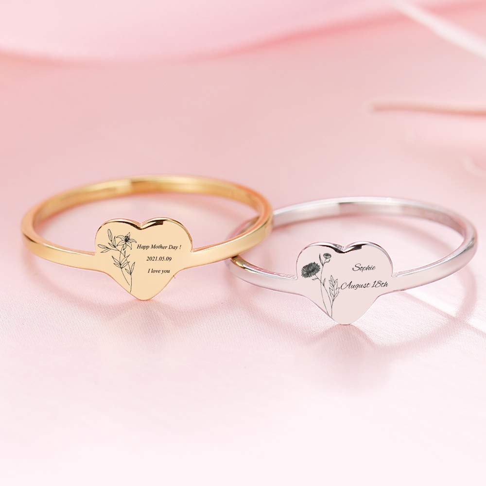 LONAGO Birth Flower Ring Personalized Name Heart Ring Custom Name Plate Stacking Ring Engrave Names Initial Ring for Women