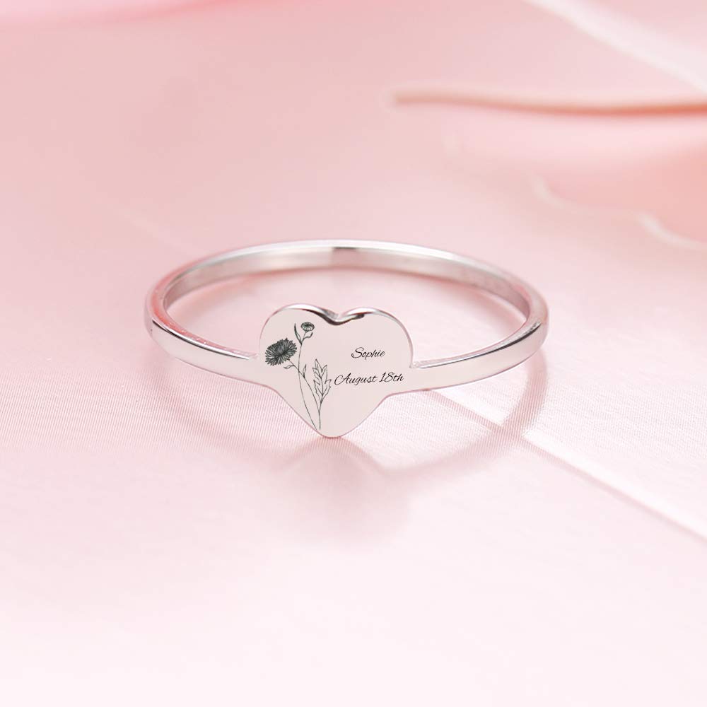 LONAGO Birth Flower Ring Personalized Name Heart Ring Custom Name Plate Stacking Ring Engrave Names Initial Ring for Women