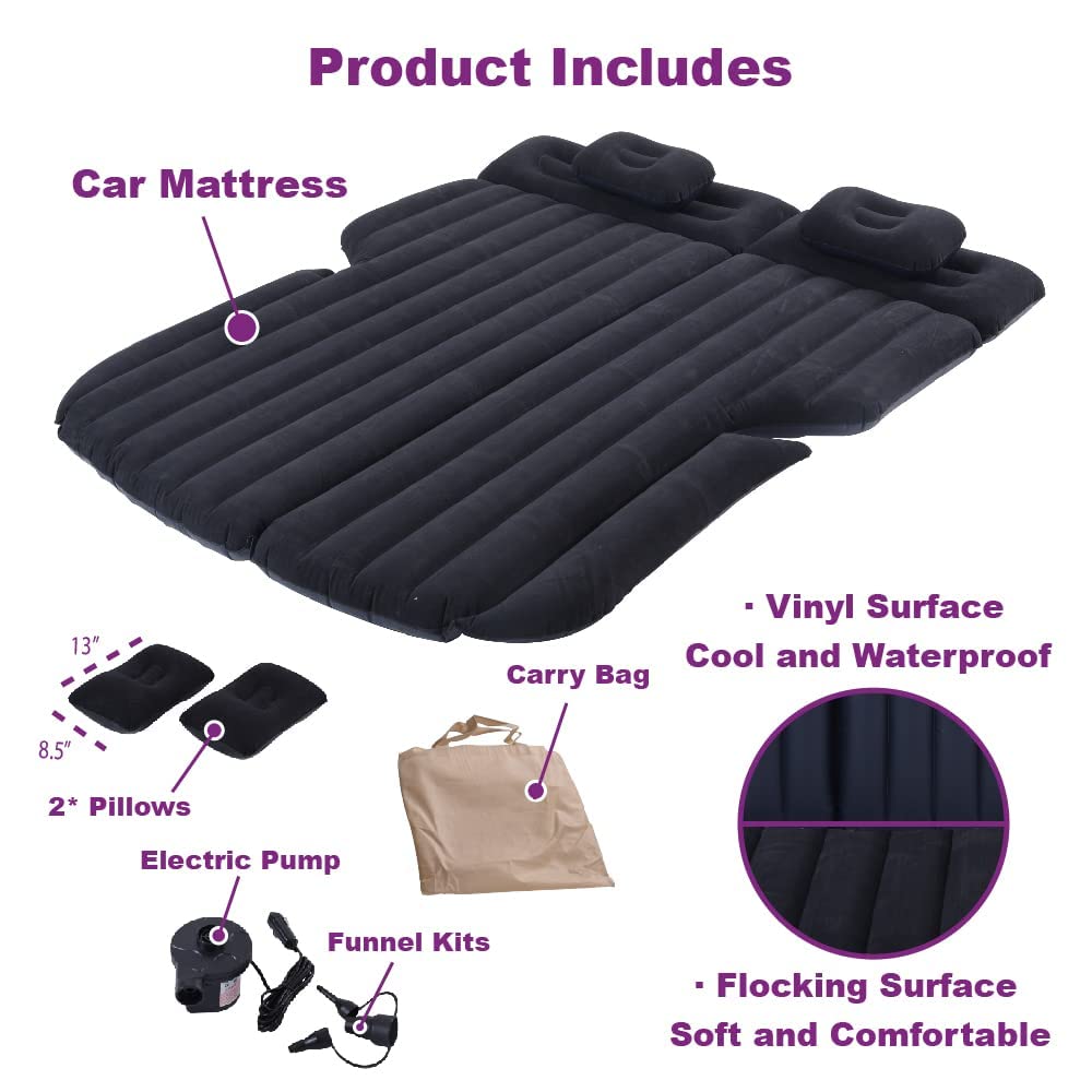 Inflatable Car Mattress, Car Bed for Back Seat, Car Air Mattress with Auto Air Pump, Portable Camping Mattress, Sleeping Pad (SUV Black)