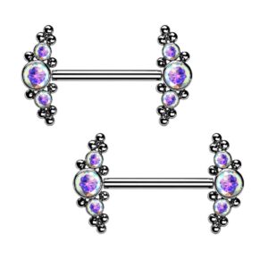 Pierced Owl 14G Implant Grade Titanium Threadless Push-in Triple CZ Crystal and Ball Clusters Nipple Barbells, Sold as a Pair (Aurora Borealis)