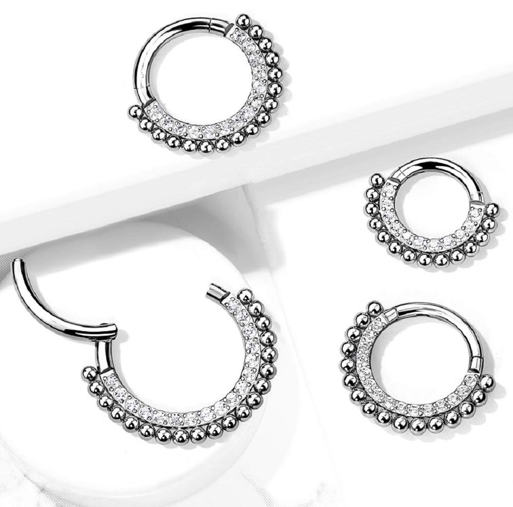 Pierced Owl 16G Implant Grade Titanium CZ Crystal and Ball Lined Hoop Cartilage Helix Daith Septum Hinged Segment Ring (Diameter: 8mm (5/16"))