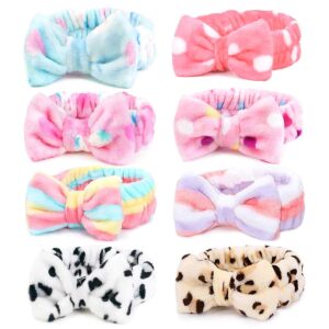 coral fleece makeup headbands with bowknot, face washing shower headwraps for women and girls, birthday party supplies 8pcs (bow hair band-d)