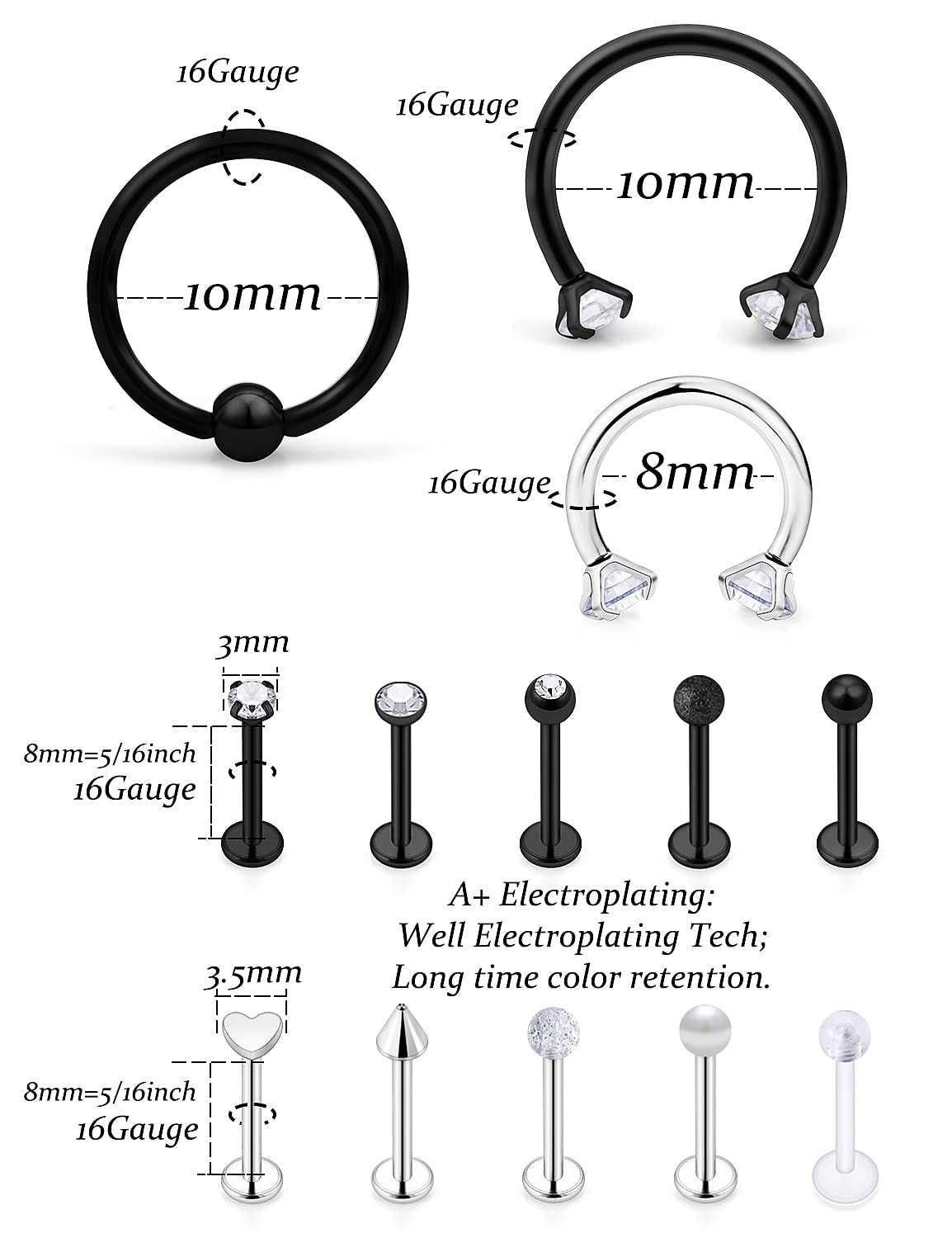 Vsnnsns 16G Lip Rings Stainless Steel Horseshoe Labret Monroe Lip Rings Nail Cartilage Tragus Helix Earrings Studs Septum Ring Medusa Piercing Jewelry Retainer for Women Men Silver Black 8mm