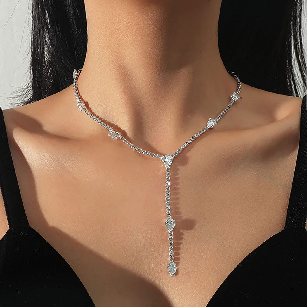 Ckecharfa Rhinestone Choker Necklaces Silver Waterdrop Pendant Necklace Crystal Chain Necklaces Glitter Party Adjustable Neck Chain Jewelry for Women and Teen Girls, Free Size