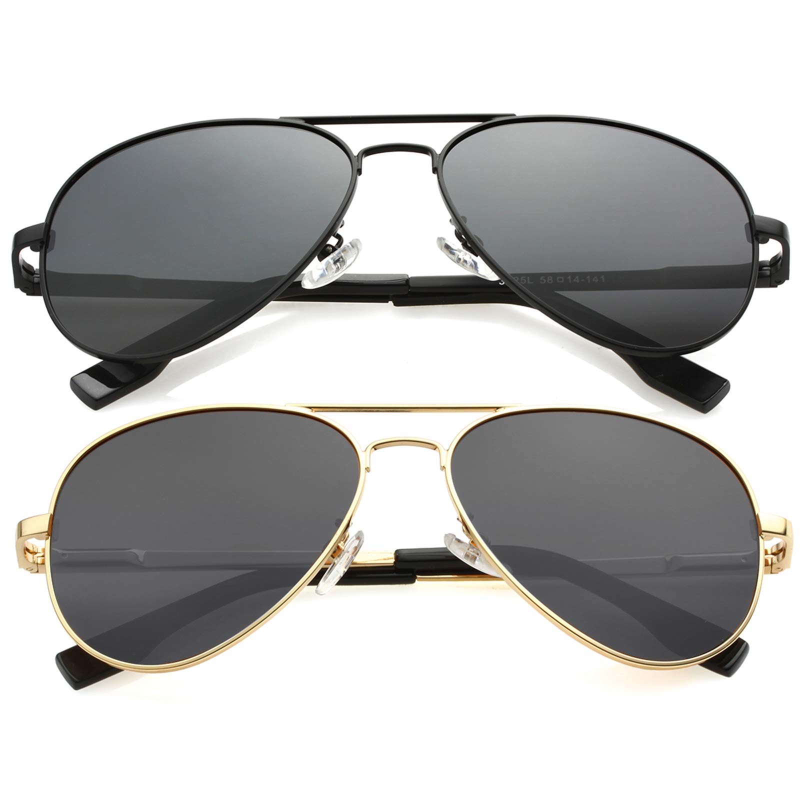 Kursan Polarized Aviator Sunglasses for Small Face Women Men, 100% UV400 Protection, 52MM ((2 Pack) Black Frame Black Lens/Gold Frame Black Lens)