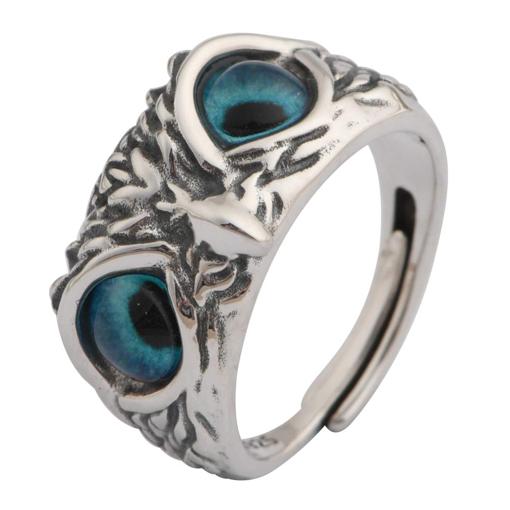 Retro 925 Sterling Silver Night Owl Head Ring with Blue Eyes for Men Women Open Adjustable