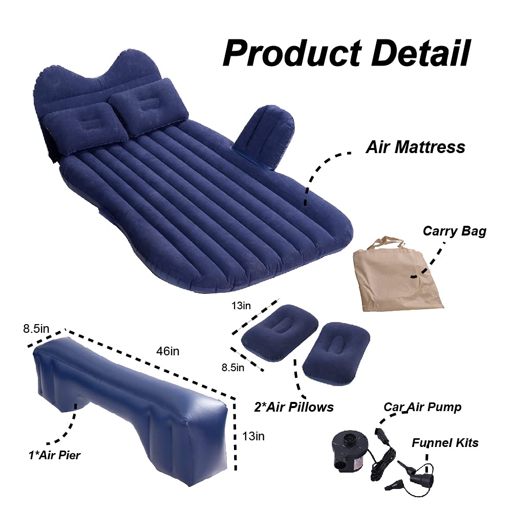 Car Air Mattress, Inflatable Car Mattress for Back Seat, Car Bed with Air Pump, Home Sleeping Pad (TM Blue)