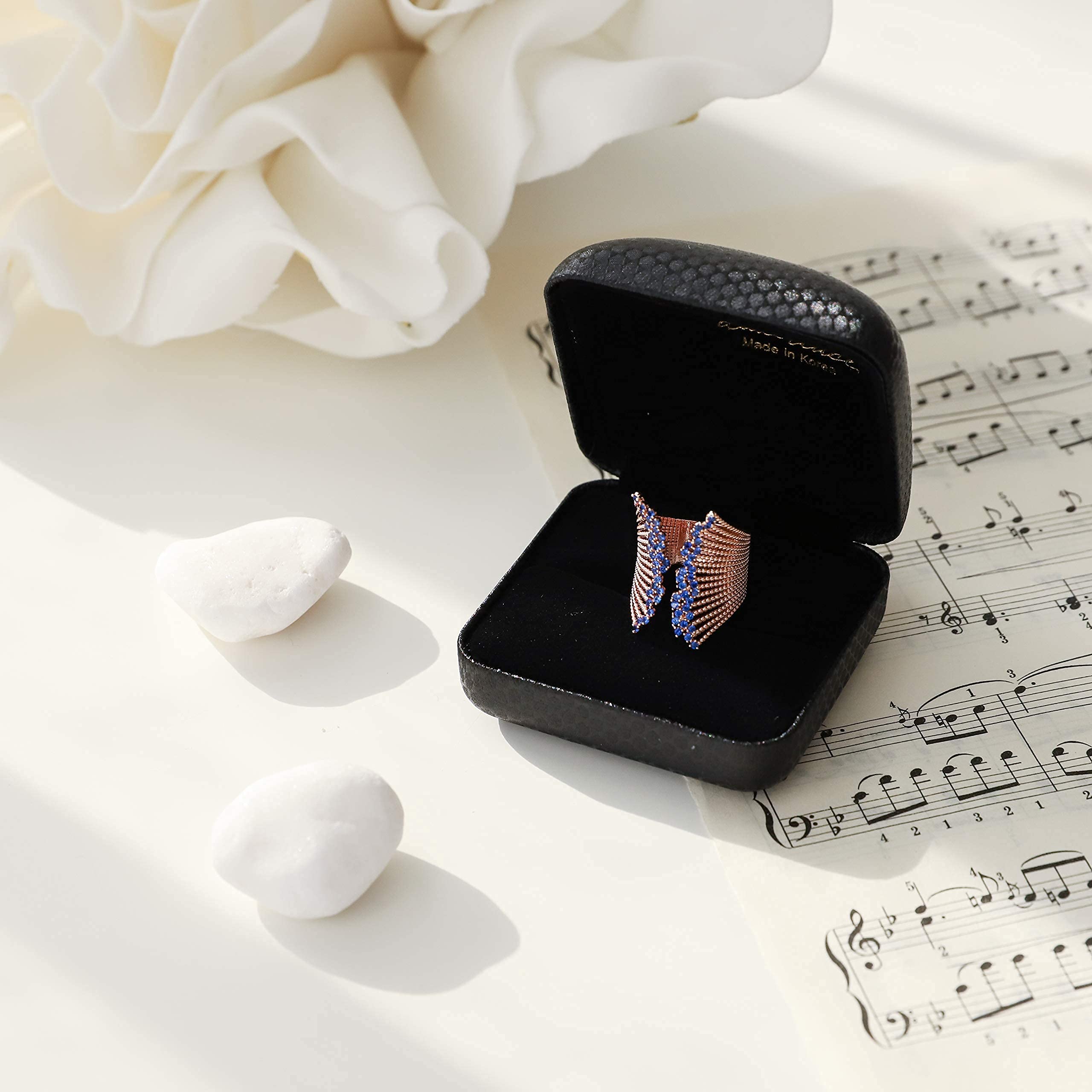 Cute Angel Wings Ring Sapphire Color Cubic Zirconia Rings Royal Blue, Rose Gold Plated, Nickel Free Rings for Lovely Women (No. 7G - Angel's Wings Royal Blue)