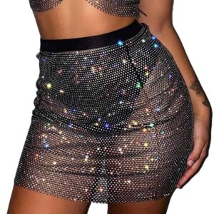 vivilly rhinestone body chain sexy sparkly crystal bikini mesh bra top dress fishnet underwear body jewerly for women and girls (black skirt)