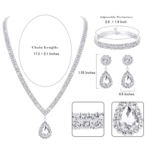 Subiceto Bridal Jewelry Set For Wedding Simple Necklace Teardrop Dangle Earrings Bracelets Crystal Prom Bridal Bridesmaid Tennis Jewelry Set