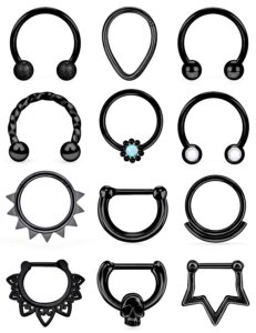 vsnnsns 16g septum jewelry septum ring piercing jewelry septum clicker ring and horseshoe barbell stainless steel captive bead ring septum nose rings hoop for men women black 10mm 12pcs