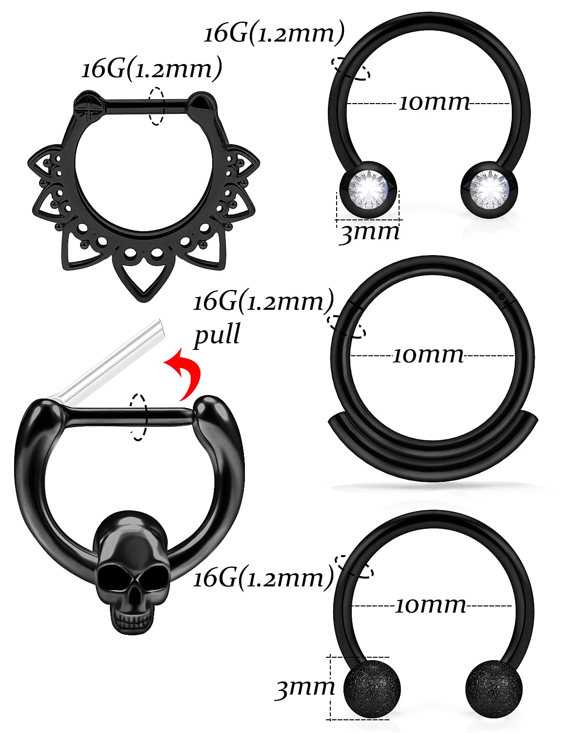 Vsnnsns 16G Septum Jewelry Septum Ring Piercing Jewelry Septum Clicker Ring and Horseshoe Barbell Stainless Steel Captive Bead Ring Septum Nose Rings Hoop for Men Women Black 10mm 12pcs