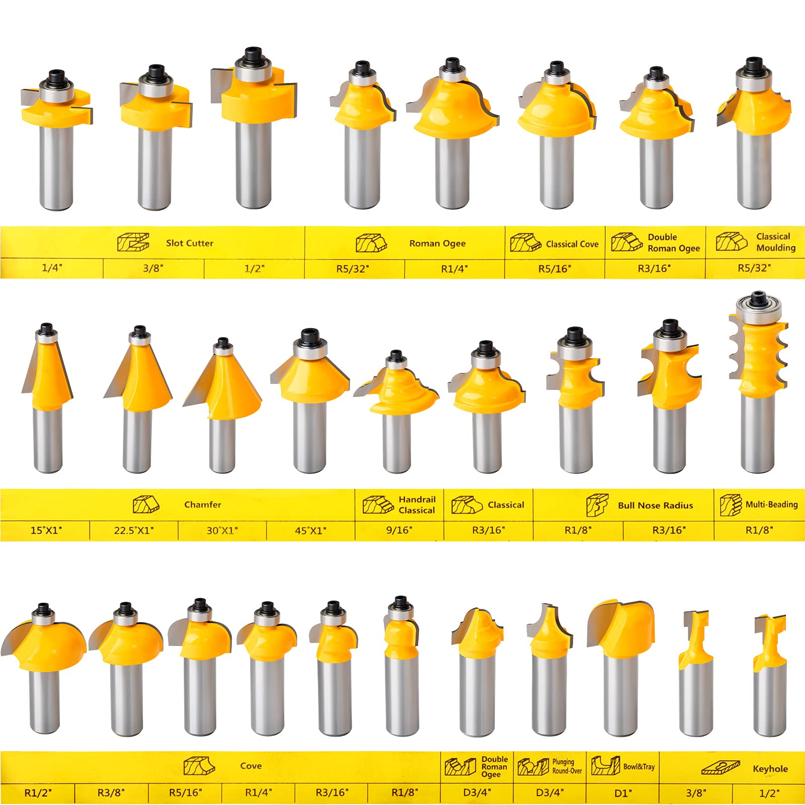 MEIGGTOOL 70PCS 1/2 Inch Shank Router Bit Set Door Window Bites with Tungsten Carbide Tips for Use On Wood, Metal, Plastic