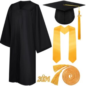 syhood 4 pieces 2024 unisex graduation matte gown cap tassel stole set honor cord 2024 charm for graduation(black, golden, 51)