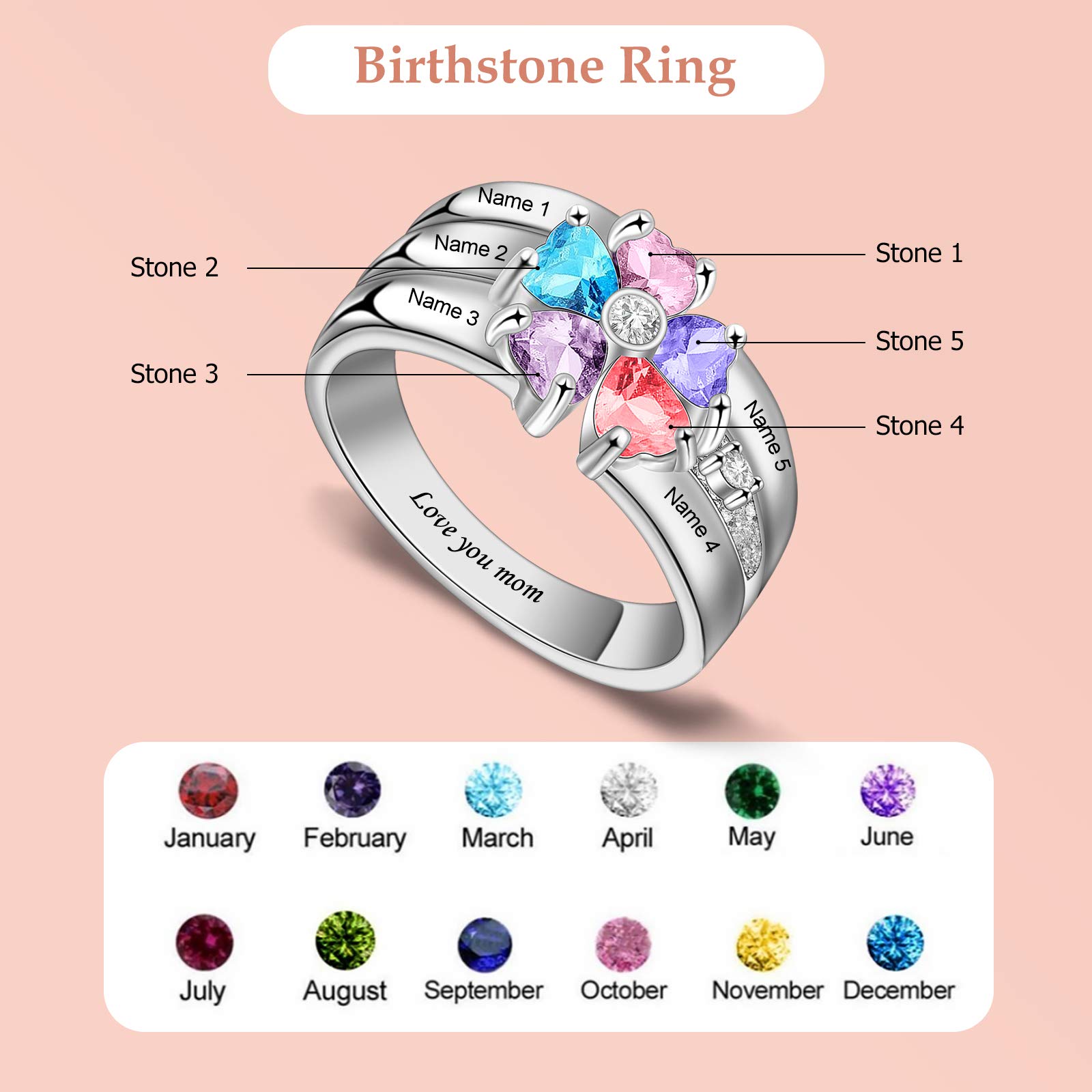 Sterling Silver Personalized Mothers Rings Gifts with 5 Simulated Birthstones Custom Family Name Ring Jewelry for Women Mom Grandmother for Mother’s Day Christmas