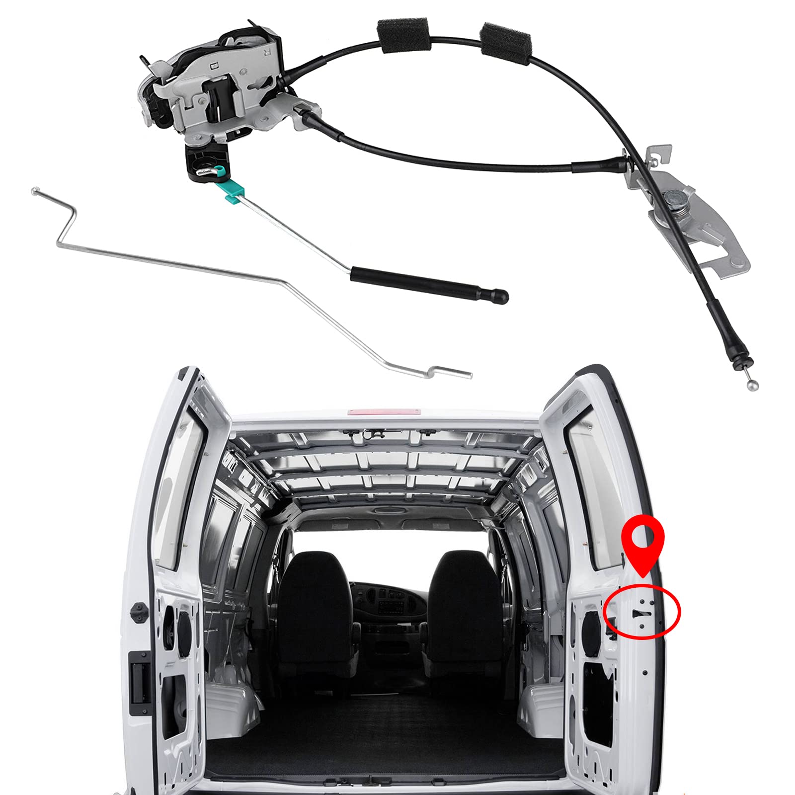 Rear Door Latch Cable & Rod for Ford E150 E250 E350 Right Back Door Latch Lock Assembly, Replace Ford 6C2Z-15431A02-AA 8C2Z-15431A02-C AC2Z-15431A02-A