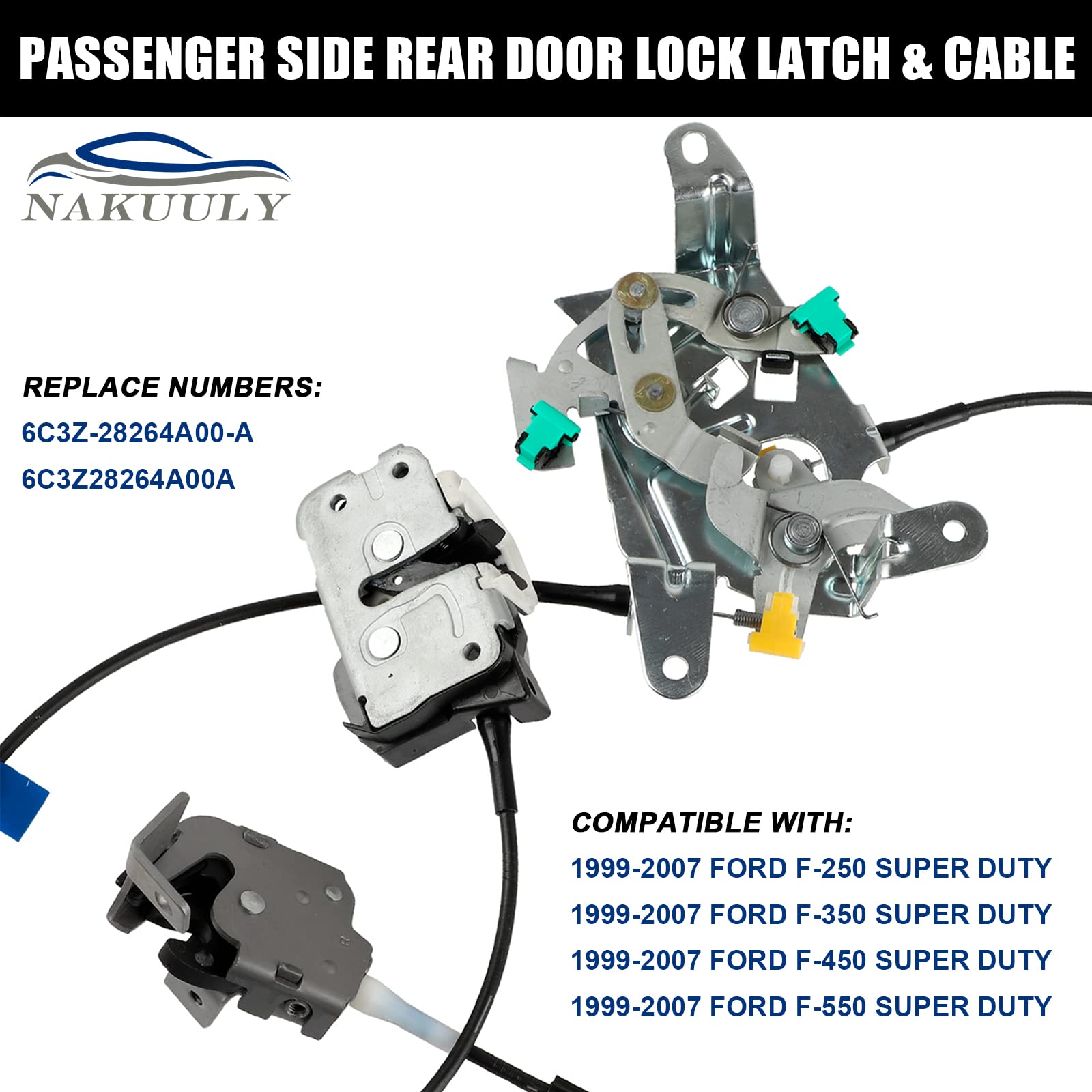 Nakuuly Left Driver Side Rear Door Lock Latch & Cable for Ford F250 F350 F450 F550 Super Duty 1999-2007, Upper and Lower Latches Assembly Replace 6C3Z-28264A01-A, 6C3Z28264A01A