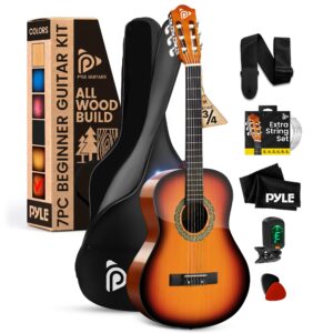 Pyle Beginner Acoustic Guitar Kit, 3/4 Junior Size All Wood Instrument for Kids, Adults, 36" Sun Burst