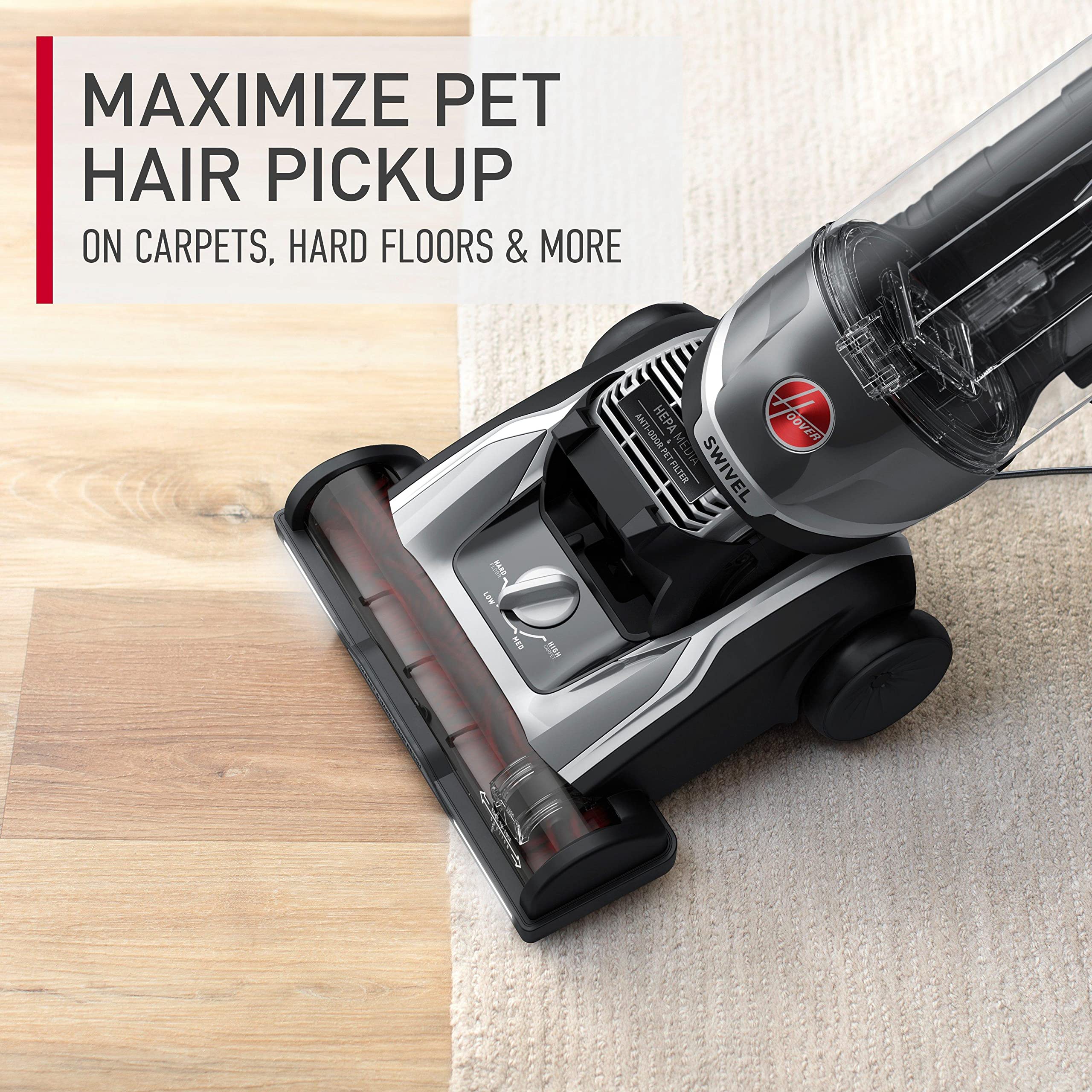 Hoover MAXLife Elite Swivel XL Pet Vacuum Cleaner with HEPA Media Filtration, Bagless Multi-Surface Upright for Carpets and Hard Floors, UH75250, Grey, 16 lbs