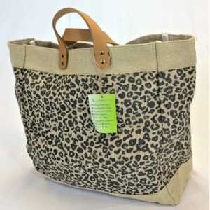 Burlap tote Bag with Leather handle, Animal print Size : 14" X 11" X 6", Thick burlap canvas women hand bags