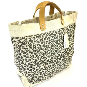 Burlap tote Bag with Leather handle, Animal print Size : 14" X 11" X 6", Thick burlap canvas women hand bags