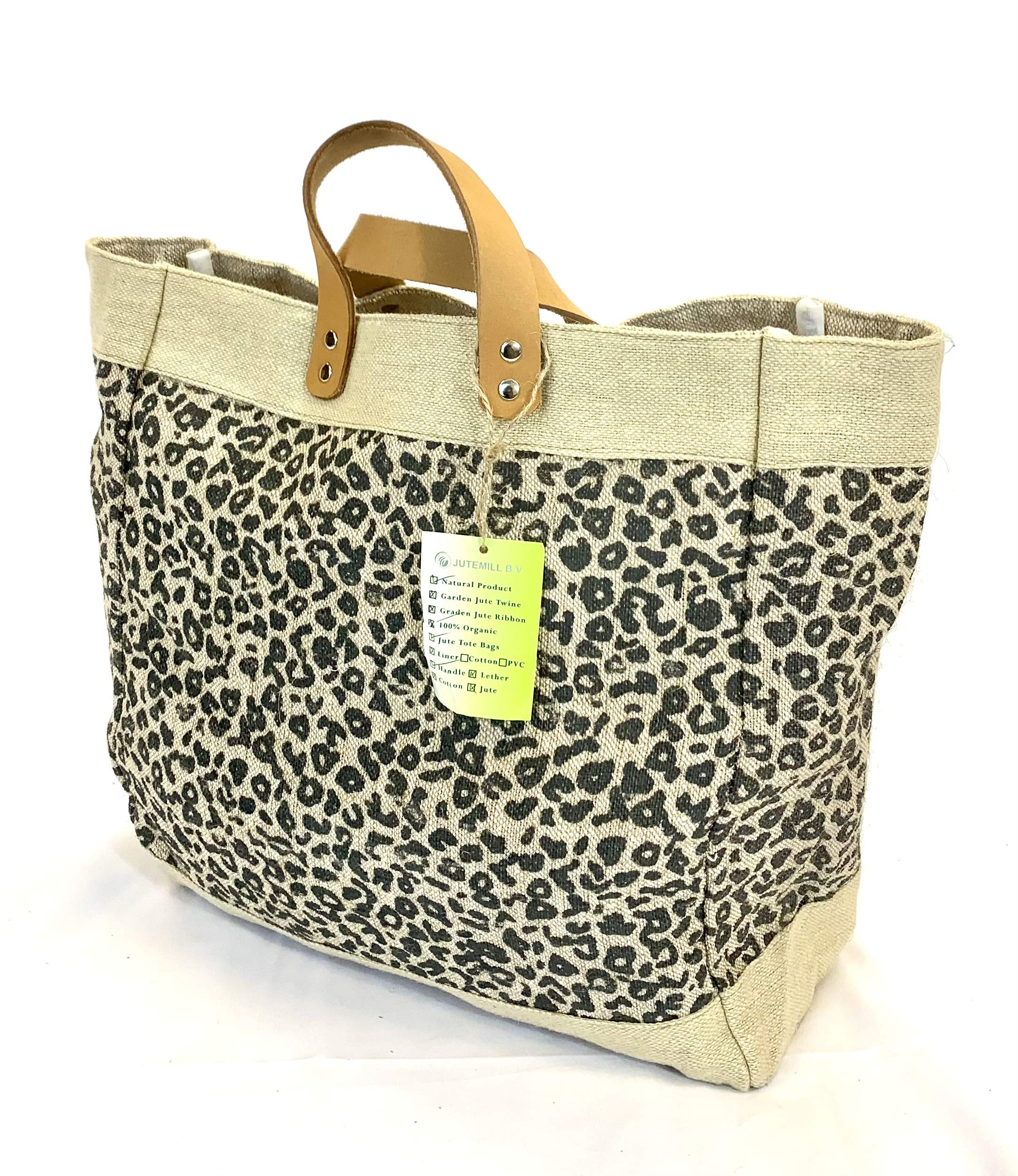 Burlap tote Bag with Leather handle, Animal print Size : 14" X 11" X 6", Thick burlap canvas women hand bags