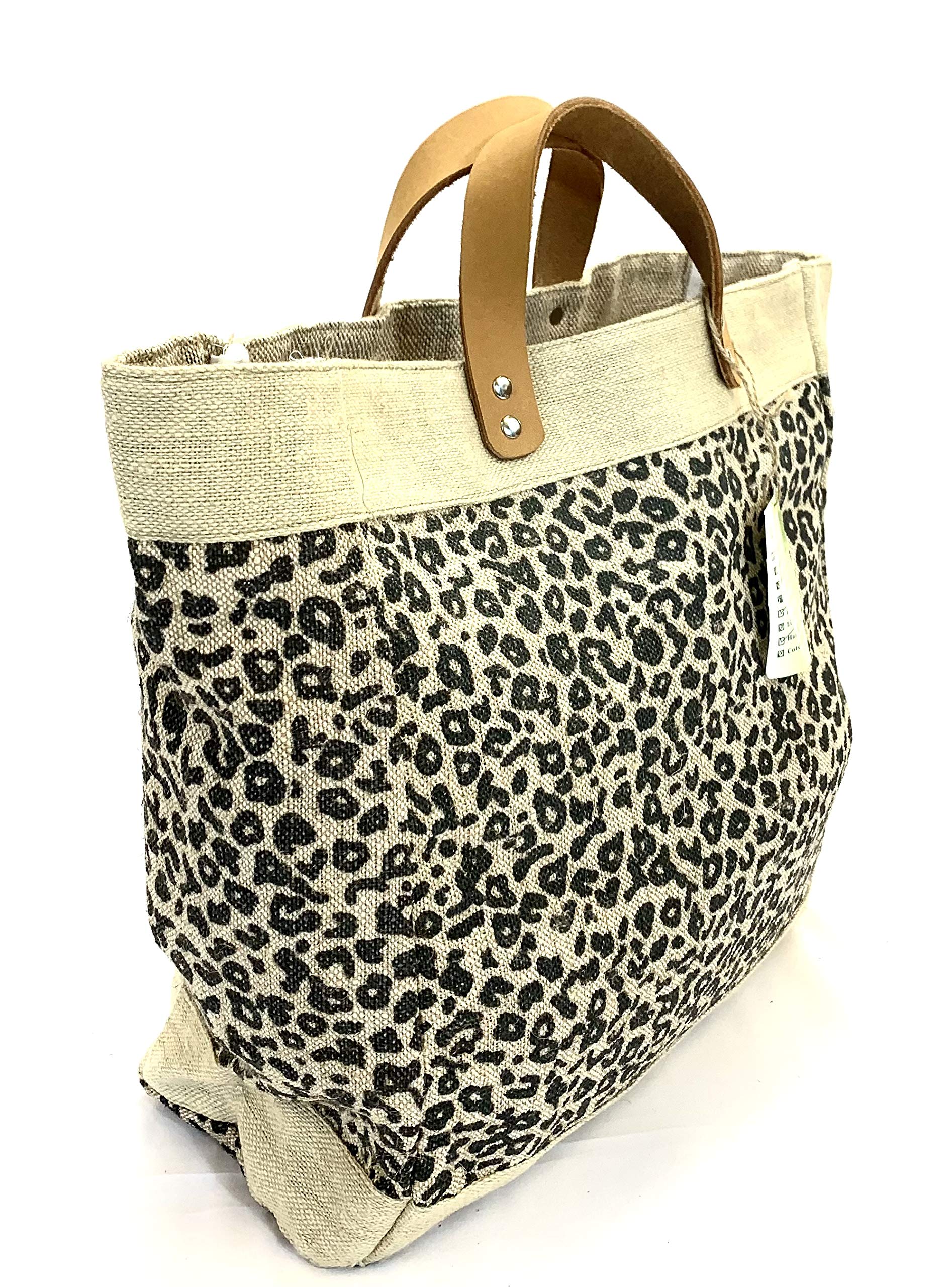 Burlap tote Bag with Leather handle, Animal print Size : 14" X 11" X 6", Thick burlap canvas women hand bags