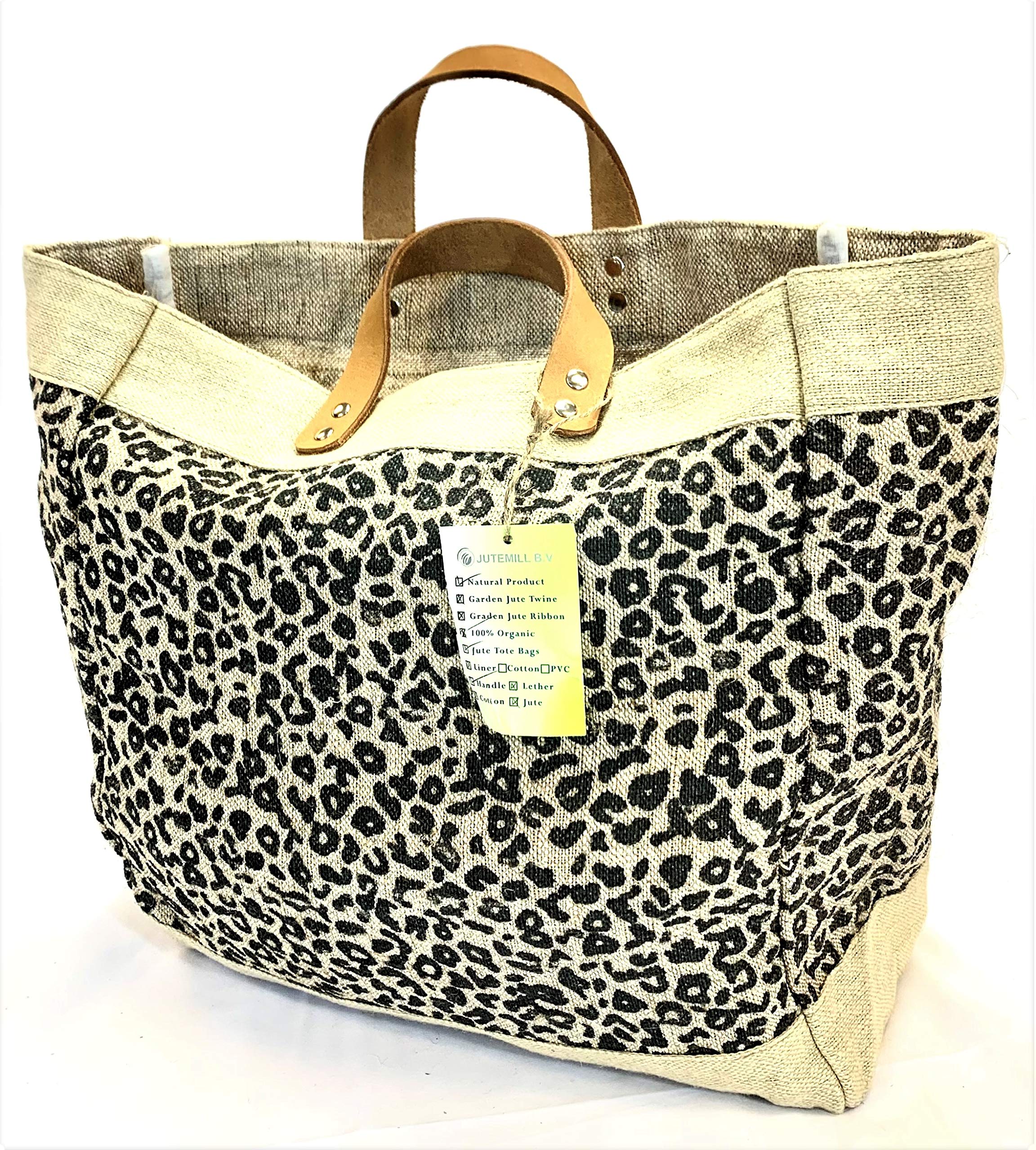 Burlap tote Bag with Leather handle, Animal print Size : 14" X 11" X 6", Thick burlap canvas women hand bags