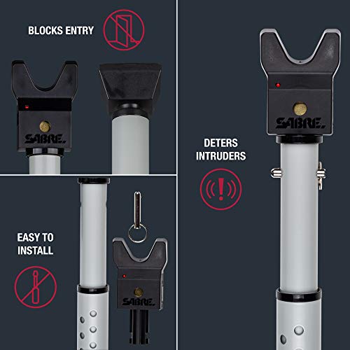 SABRE Adjustable Door Security Bar with Vibration Detecting Alarm, 115dB Alarm Audible Up To 1,100 Ft (335 m), Adjusts To Fit Most Hinged & Sliding Doors, Rubberized Foot for Strong Grip, Collapsible