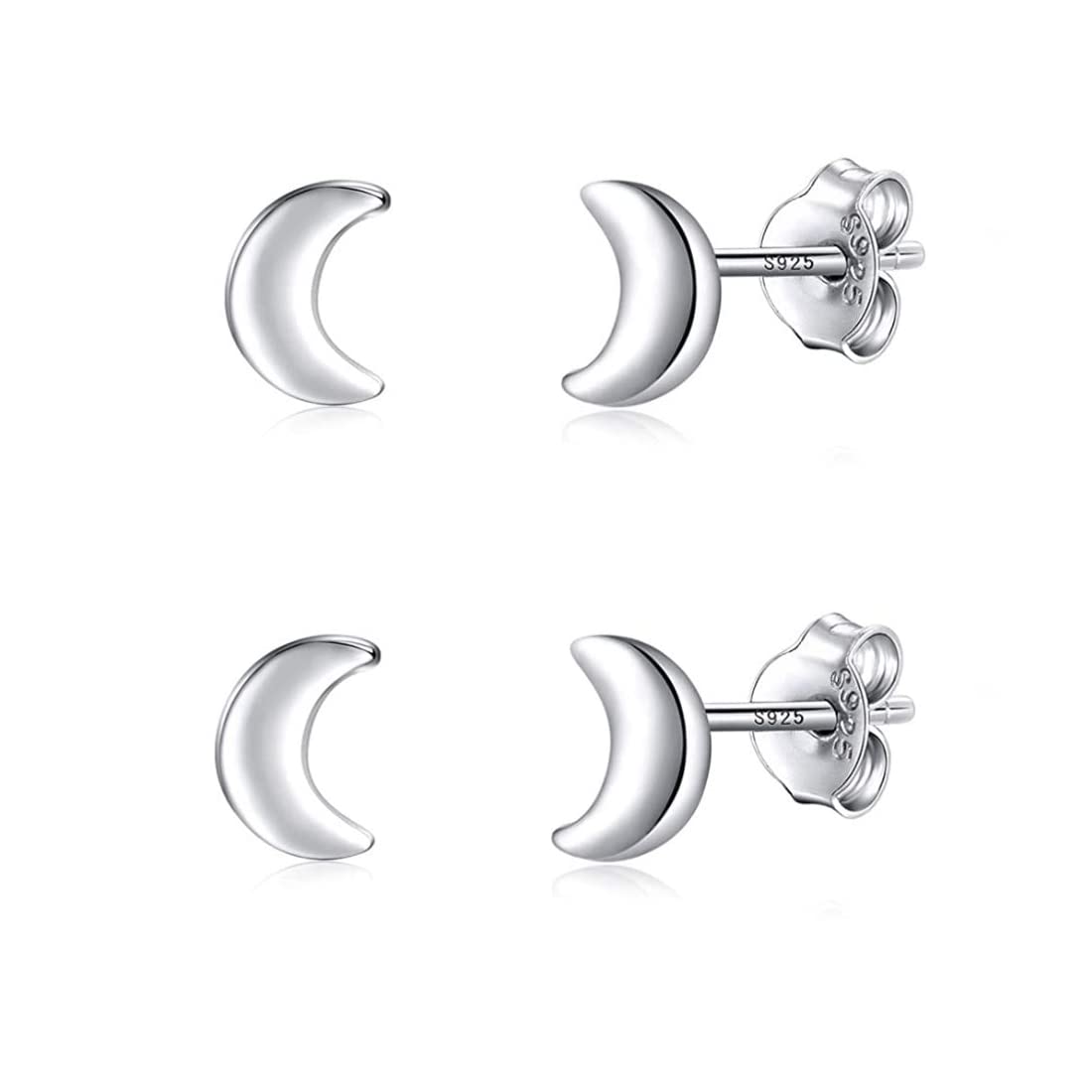 2 Pairs Adabele Real 925 Sterling Silver Hypoallergenic Stud Earrings Dainty Small Waxing Moon Ear Studs for Women Birthday Gift SSE93-1