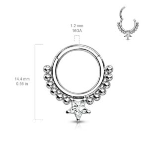 Pierced Owl 16GA Precision All 316L Surgical Steel Star Shaped CZ Crystal and Ball Lined Hoop Cartilage Helix Daith Septum Nose Hinged Segment Ring (Aurora Borealis)