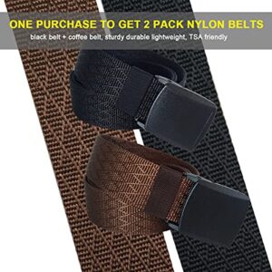 HOANAN Mens Nylon Belt Tactical 2 Pack 28-72 Waist Casual Work No Metal Web Belt (Pant size up to 36", 2pack-black coffee)