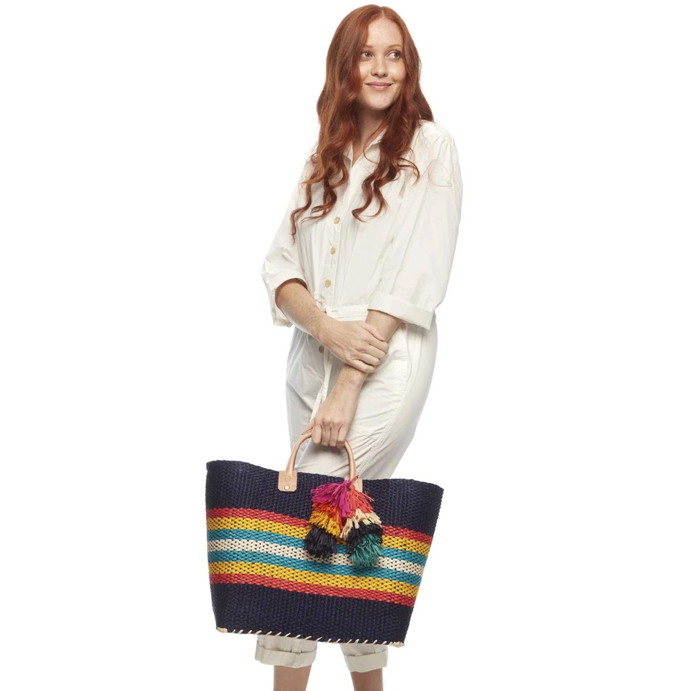 Mar Y Sol La Paz Colorful Stripes Woven Sisal Market Tote Straw Beach Bag (Navy)