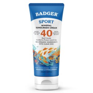 badger reef safe sunscreen, spf 40 sport mineral sunscreen, 98% organic sunscreen ingredients, broad spectrum, water resistant, zinc oxide sunscreen, unscented, 2.9 fl oz