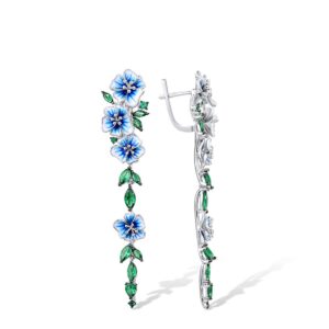 Santuzza Peony Earrings 925 Sterling Silver Green Spinel Handmade Enamel Blue Flower Gemstone Earrings for Women