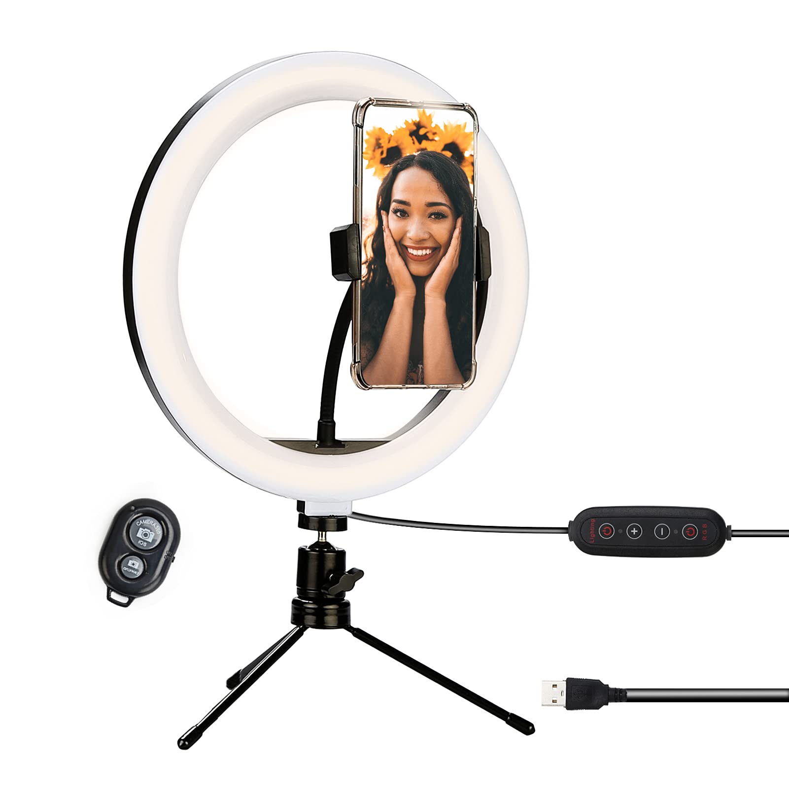 Desk Ring Light with Stand, 10'' Dimmable Selfie Ring Light with Mini Tripod Stand and Phone Holder, Make Up LED Ring Light with Bluetooth Shutter for Zoom Meetings/Vlog/Tiktok/YouTube