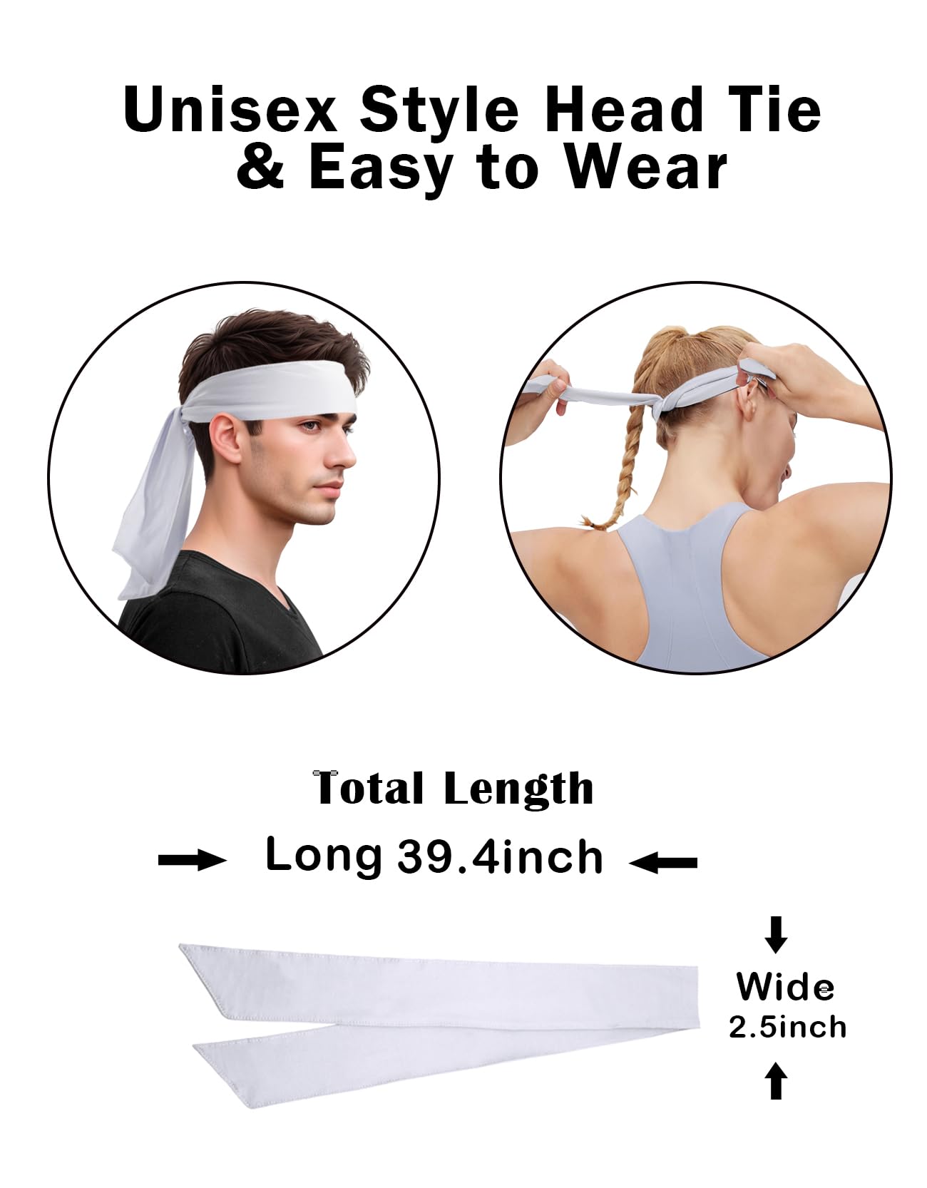 White Head Tie Headband, Sweat Wicking Tennis Tie Headbands, Quickly Dry Sweatband for Men Women, Ninja Karate Head Wraps, Basketball, Running, Workout (White 4 Pack)