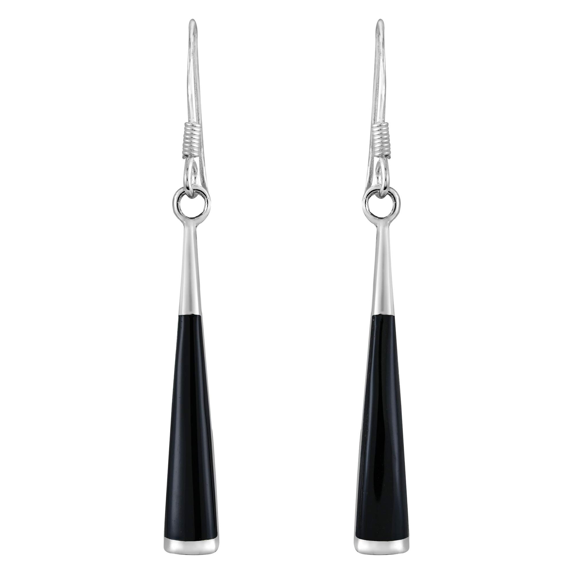 AeraVida Dainty Drop Elegant Slim Triangle with Simulated Black Onyx Stone .925 Plain Aesthetic Sterling Silver Dangle Earrings