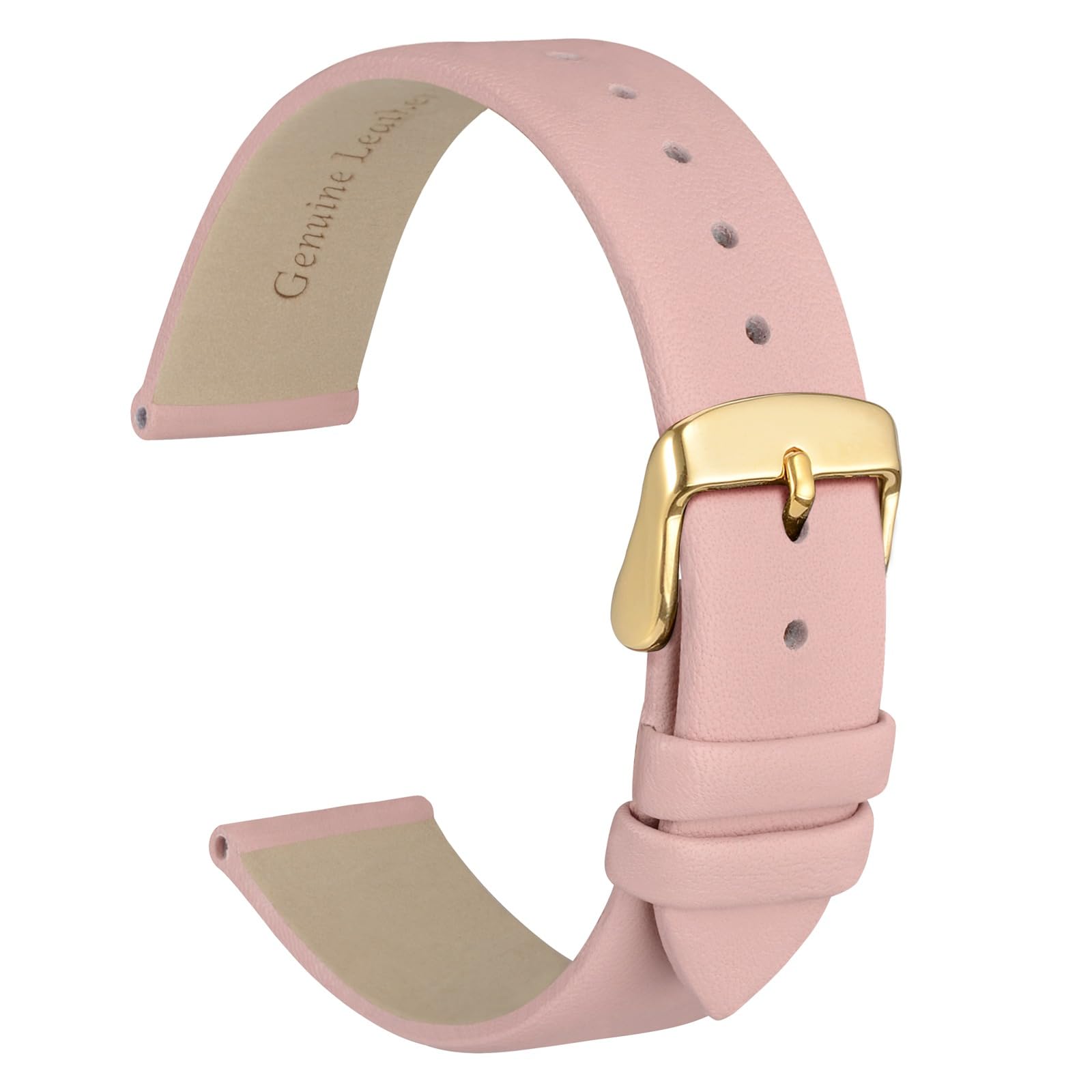 WOCCI 12mm Lug Width, Elegant Watch Band, Genuine Leather Replacement Strap with Gold Buckle (Light Pink)