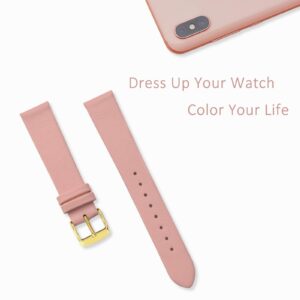 WOCCI 12mm Lug Width, Elegant Watch Band, Genuine Leather Replacement Strap with Gold Buckle (Light Pink)