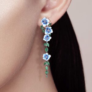 Santuzza Peony Earrings 925 Sterling Silver Green Spinel Handmade Enamel Blue Flower Gemstone Earrings for Women