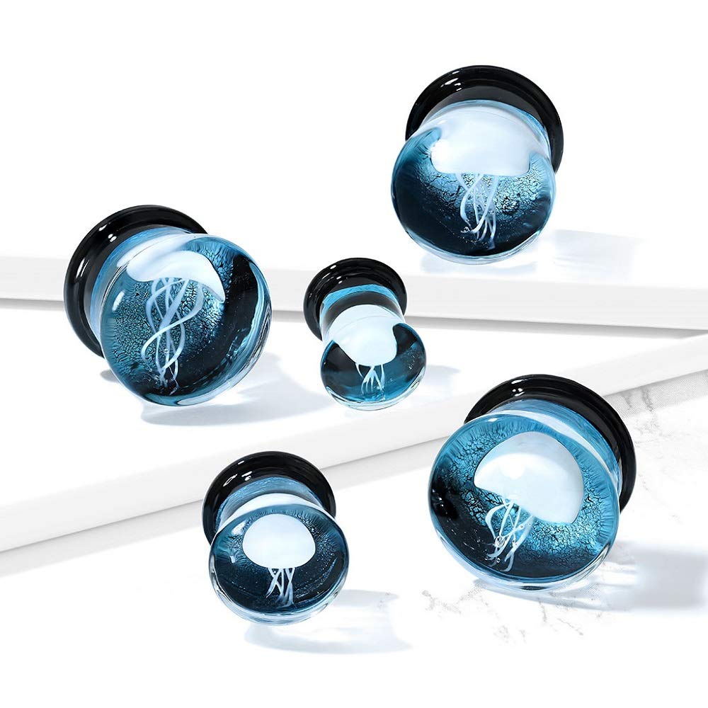 Pierced Owl Glass Floating Jellyfish Blue Double Flared Saddle Plug Gauges, Sold as a Pair (8mm (0GA))