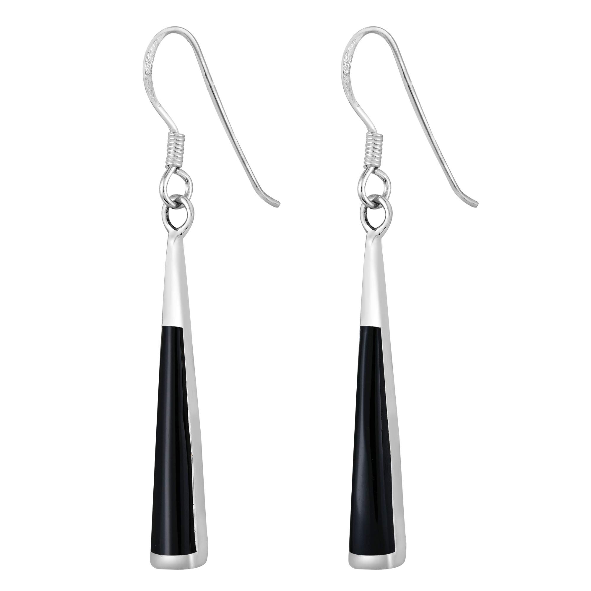 AeraVida Dainty Drop Elegant Slim Triangle with Simulated Black Onyx Stone .925 Plain Aesthetic Sterling Silver Dangle Earrings