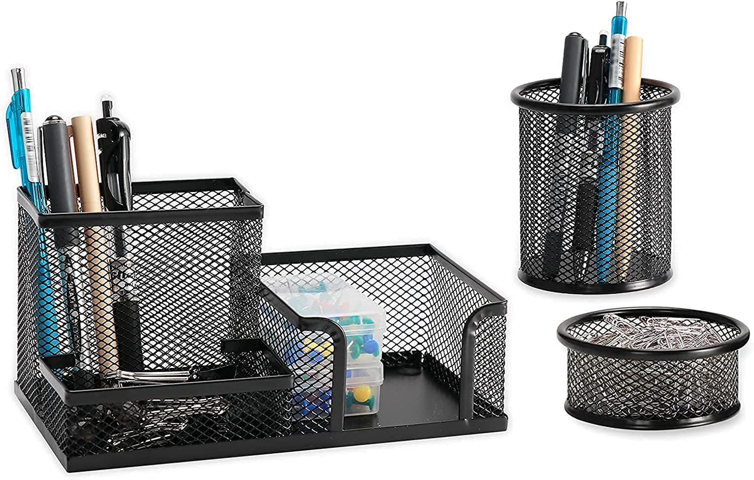 HMXLJJY Pen Holder for Desk,Mesh Wire Desk Organizer Set Office Supplies Caddy,Desk Accessories Set has Desk Organizers,Pen Holder Organizer and Paper Clip Holder,Good for Office Home(Black)