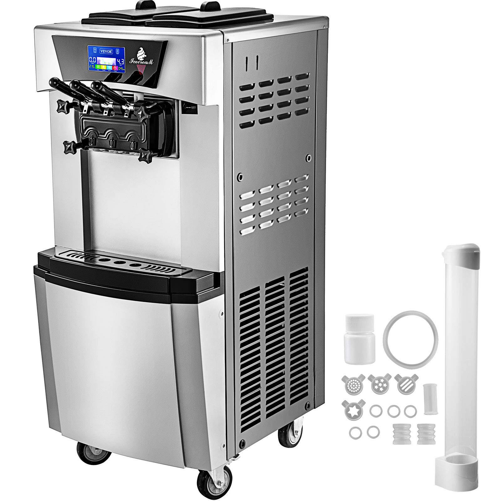 VEVOR 2300W Commercial Soft Ice Cream Machine, 3 Flavors Soft Serve Maker, 4.4 to 6.6 Gallons per Hour, Pre-Cooling at Night, Auto Clean with LCD Panel, for Restaurants Snack Bar, Stainless Steel