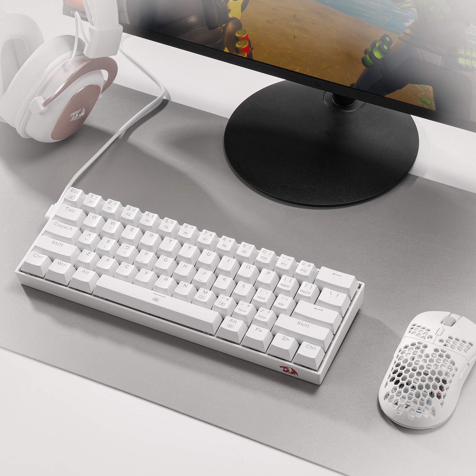 Redragon K630 Dragonborn 60% Wired RGB Gaming Keyboard, 61 Keys Compact Mechanical Keyboard with Linear Red Switch, Pro Driver Support, White