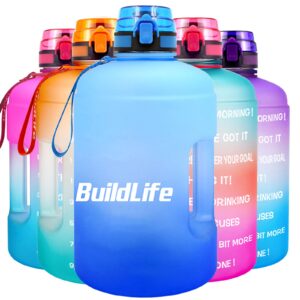 buildlife gallon water bottles with times to drink - gallon water jug - 1 gallon water bottle–128 oz water bottle,one gallon water bottle with time marke for gym(blue)