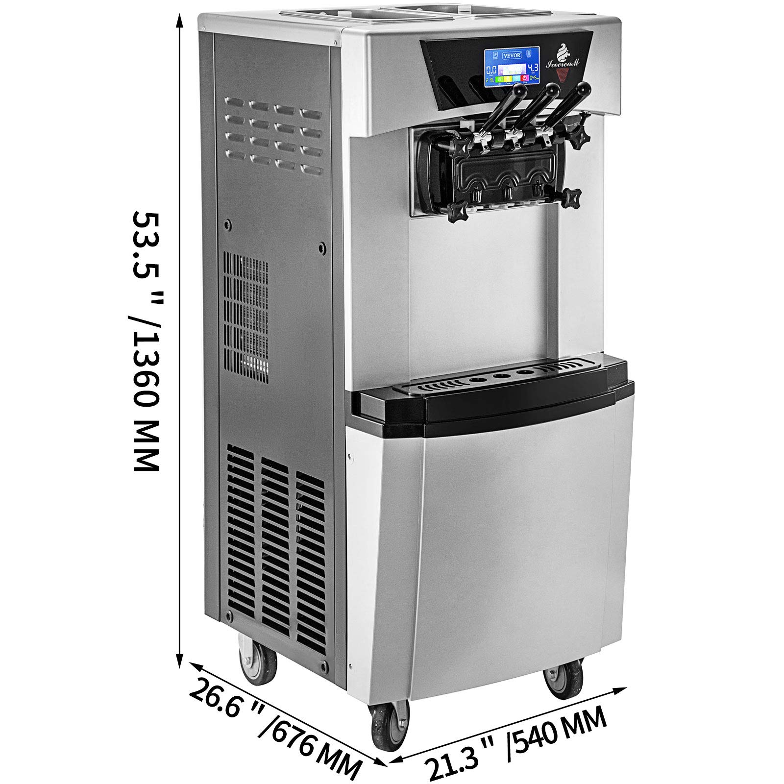 VEVOR 2300W Commercial Soft Ice Cream Machine, 3 Flavors Soft Serve Maker, 4.4 to 6.6 Gallons per Hour, Pre-Cooling at Night, Auto Clean with LCD Panel, for Restaurants Snack Bar, Stainless Steel